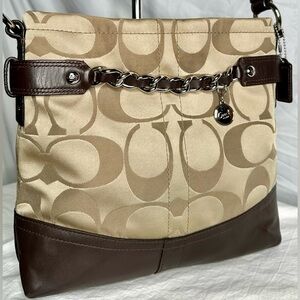 COACH Signature Logo Tan Sateen Brown Leather Convertible Shoulder Crossbody Bag